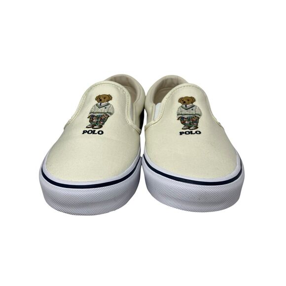POLO RALPH LAUREN Sneakers Mens 9.5 Cream Canvas Slip On MADRAS BEAR Keaton Boat main image 9